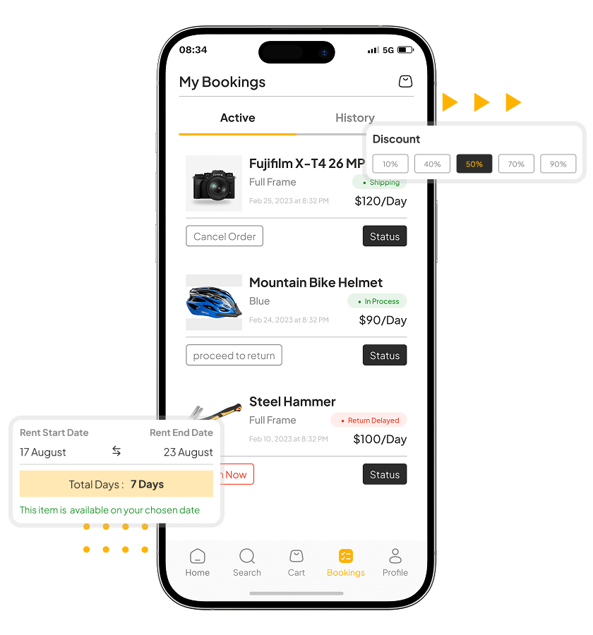 Equipment rental app booking histroy and duration features