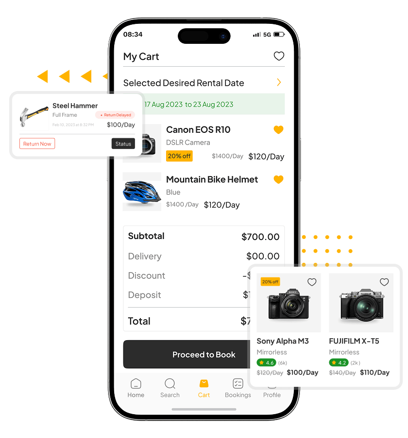 Equipment rental app easy item rental feature