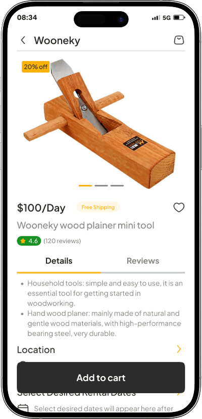 Equipment rental app equipment detail screen