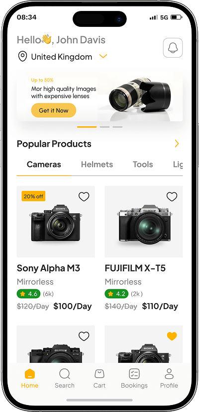 Equipment rental app homepage screen
