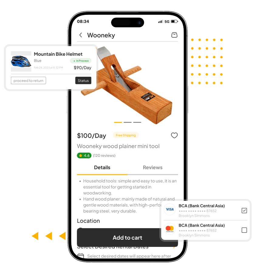 Equipment rental app item details and payment gateways features