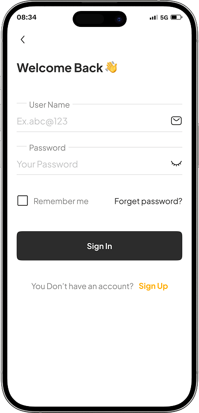 Equipment rental app login screen
