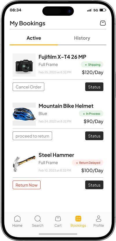 Equipment rental app my booking history screen