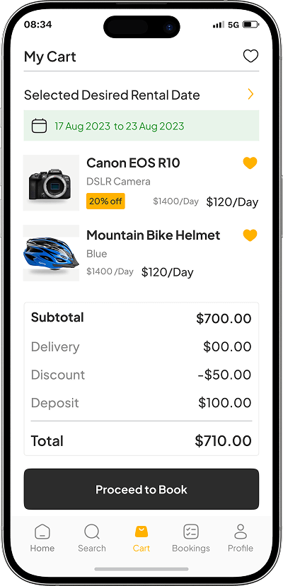 Equipment rental app my cart screen