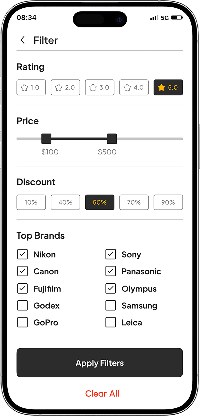 Equipment rental app search filters screen