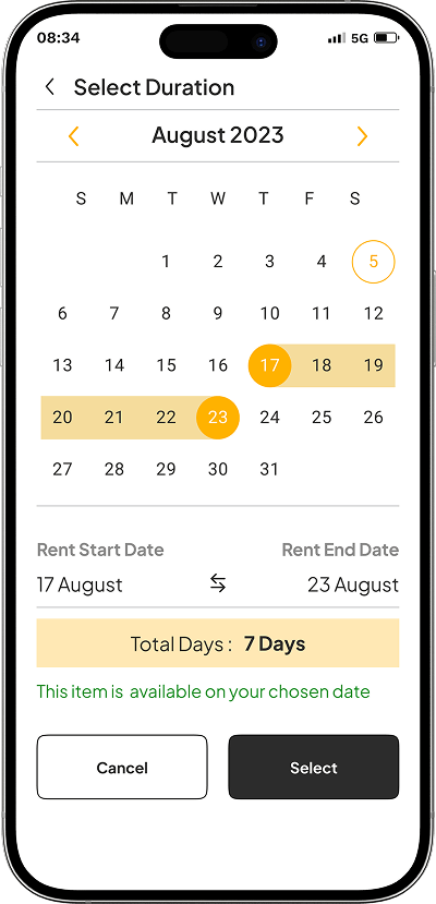 Equipment rental app select duration screen