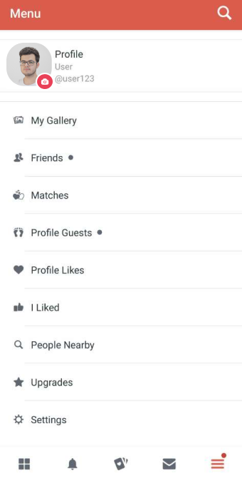 Tinder clone app menu screen