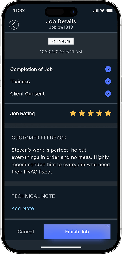 Uber for mechanics job details and rating screen